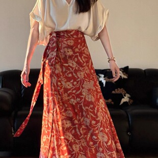 一片绵绸中式夏季棉绸清凉感汉高腰元素系带显瘦碎花半身裙马面
