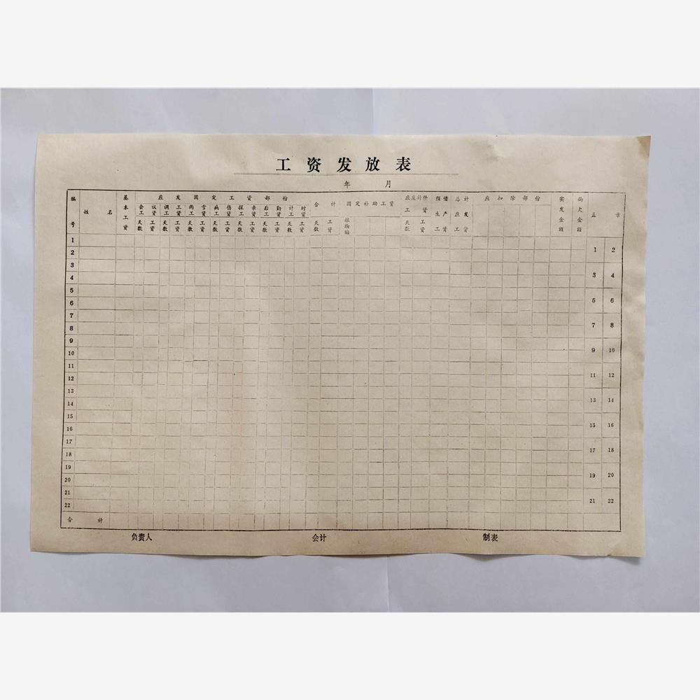 工资表老式旧8开8K发放表