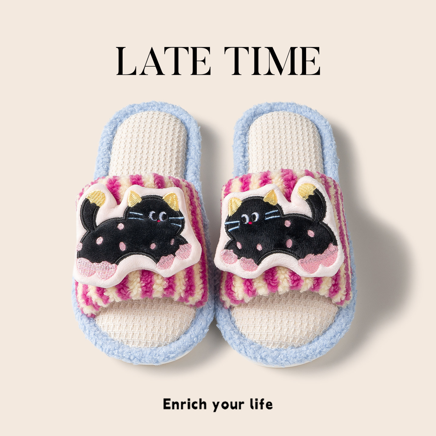 可爱少女心立体小猫亚麻拖鞋女室内家居防滑透气四季棉麻布拖鞋