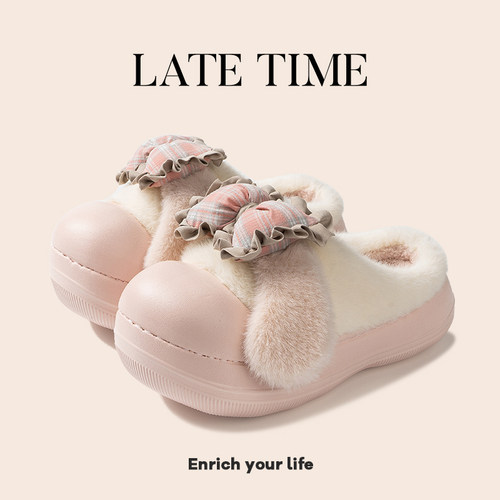 latetime可爱蝴蝶结垂耳狗棉拖鞋