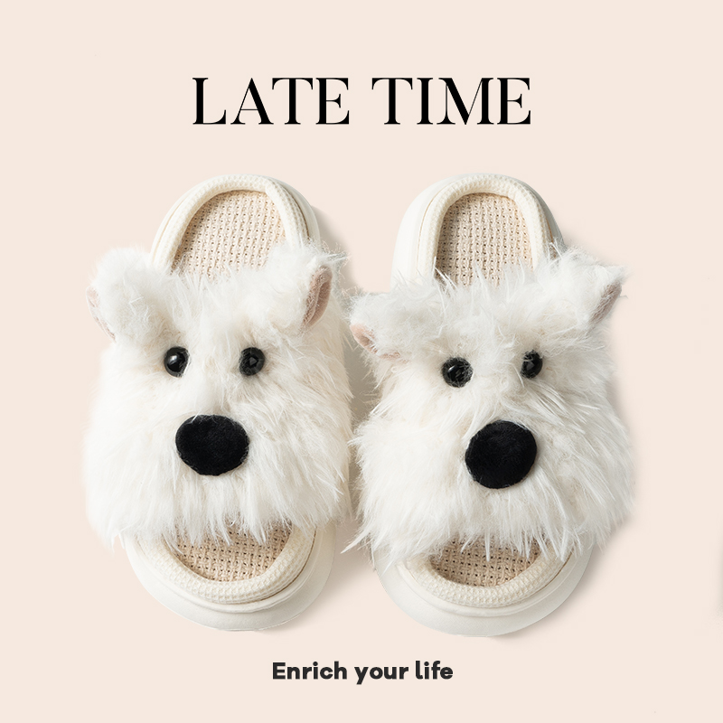 latetime西高地潦草小狗亚麻拖鞋