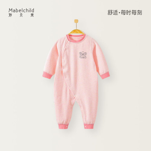 春秋花纱舒绒弹性婴儿前开哈衣