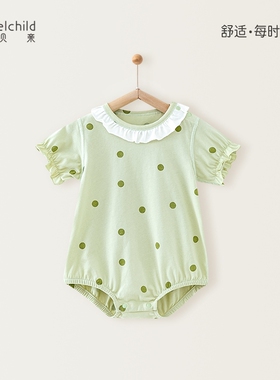妙贝亲女宝短袖三角哈衣绿色波点夏季纯棉薄款公主婴儿可爱包屁衣