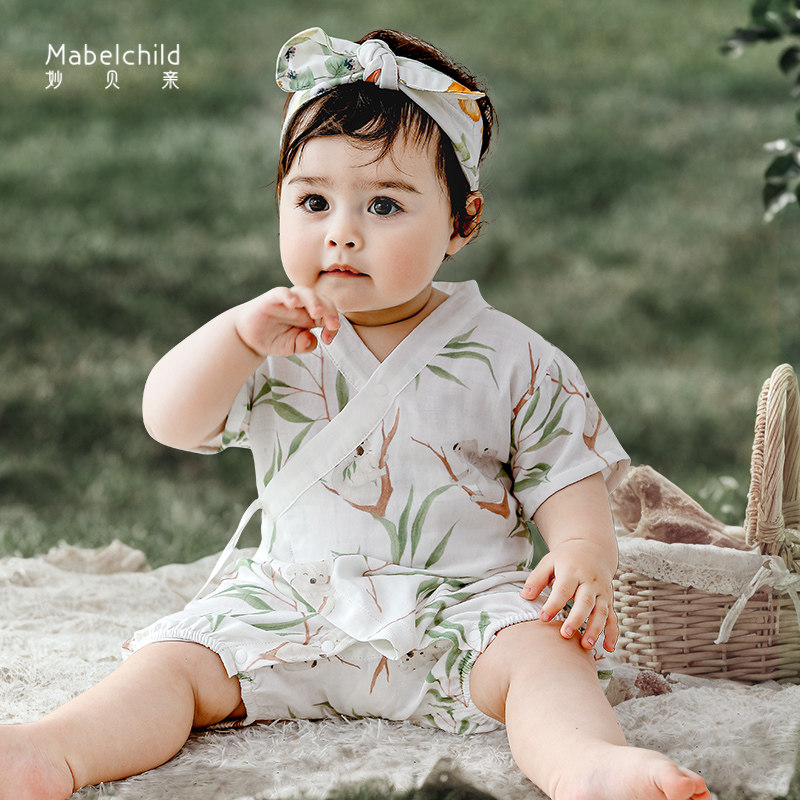 妙贝亲夏季天竹纱布新生婴儿连体衣薄款短袖哈衣外穿森系宝宝夏装