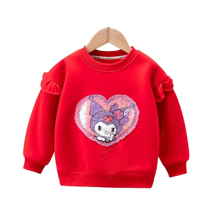 女童加绒卫衣秋冬季小女孩宝宝新年款大红色上衣儿童保暖圆领喜庆