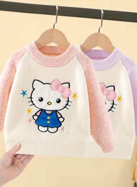 女童毛衣秋冬款儿童小女孩宝宝加厚圆领针织衫冬季保暖可爱上衣猫