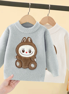 男童加厚毛衣儿童圆领针织衫秋冬款儿童保暖可爱休闲毛线上衣白色