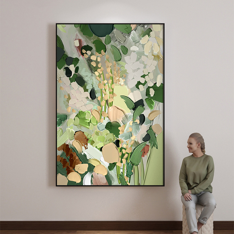 手绘油画侘寂风客厅装饰画沙发背景壁画肌理花卉立体玄关植物挂画图片
