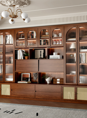 全屋定制实木书柜转角储物柜一体整墙落地式客厅卡座柜门儿童书柜