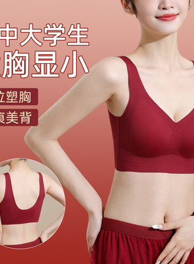 高中大学生红色本命年内衣大胸显小防下垂收副乳舒适无痕美背文胸
