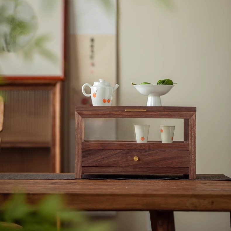 西拾 北美黑胡桃木实木桌面收纳柜茶具杯子置物架台面玻璃储物柜,餐饮具,茶道/零配,淘宝优惠券,粉丝福利购,淘宝优惠卷