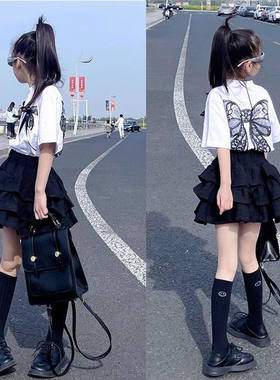 女童夏季套装2025新款蛋糕裙洋气儿童短袖T恤时髦百褶短裙两件套