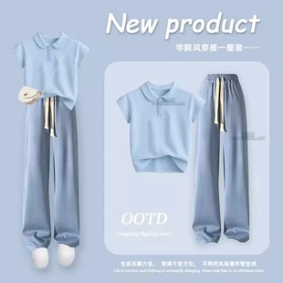 女童夏天翻领短袖学院风套装2025新款韩版女孩儿童阔腿裤两件套潮