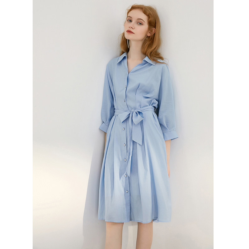 蓝色倾情春秋新款蓝色衬衫领系带轻职风淑女气质连衣裙517104