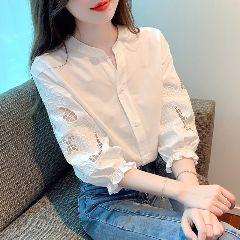 重工刺绣泡泡灯笼短袖衬衫女早秋装2025夏季衬衫七分袖白雪纺上衣