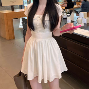 韩系纯欲娃娃领乖巧白色短袖 气质甜美A字裙 连衣裙女夏季 收腰修身
