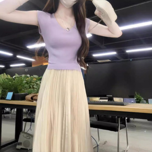 紫色u领小飞袖 t恤女夏季 法式 短袖 上衣 小个子冰丝针织小衫 别致短款