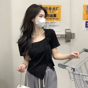 别致独特甜辣妹正肩短款 纯欲方领短袖 修身 T恤女夏季 褶皱上衣 新款
