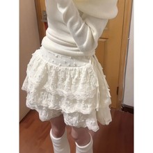 甜辣妹奶黄色半身裙女夏季设计感小个子蕾丝边蛋糕裙高腰蓬蓬裙子
