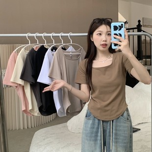 T恤女方领上衣夏季 正肩短袖 微胖mm正肩遮肚子显瘦弧形设计感上衣
