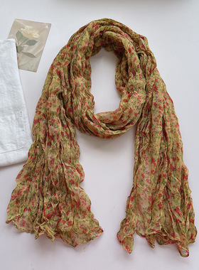 秋冬季棉麻围巾文艺褶皱碎花棉麻围巾女四季柔软复古百搭保暖