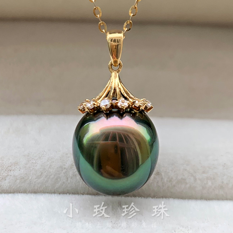 孔雀绿色大溪地黑珍珠吊坠18K金经典梨花项链坠南洋海水珍珠项链