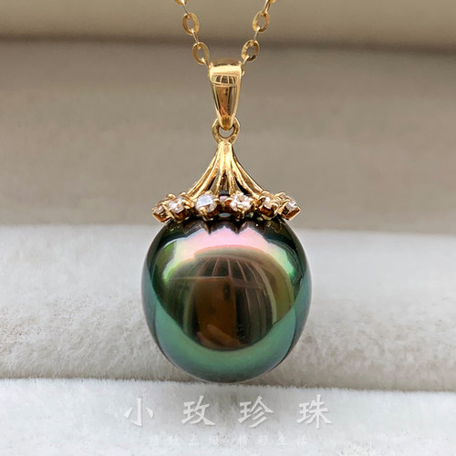黑珍珠吊坠孔雀绿色18K金