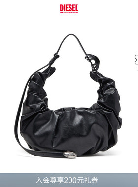 [礼物]DIESEL女士25秋冬黑色大号GRAB D单肩包可颂包X10478P8657