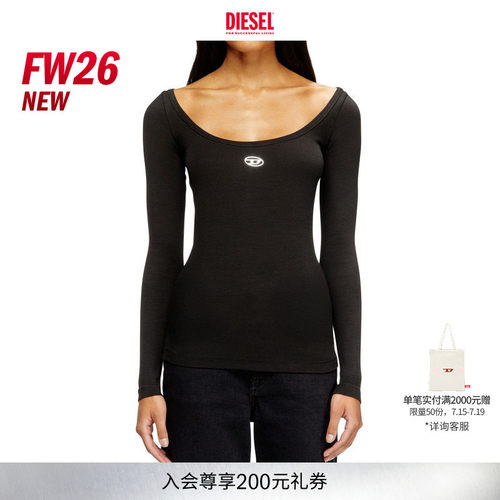[新款]DIESEL女士26早秋黑色OVAL D大领口长袖T恤A199090JMBA