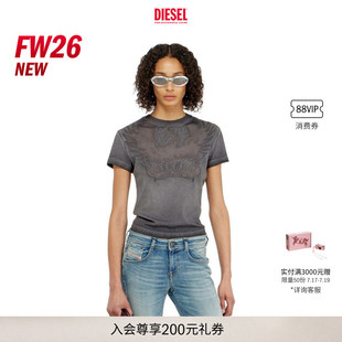 [新款]DIESEL女士26早秋灰色粉色镂空凤凰图案短袖T恤A232340DLBW