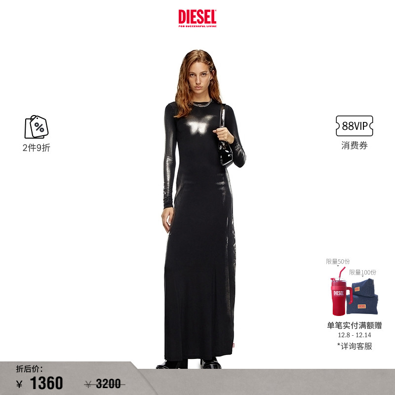 [折扣]DIESEL女士黑色修身长袖长款连衣裙A144420WFBW