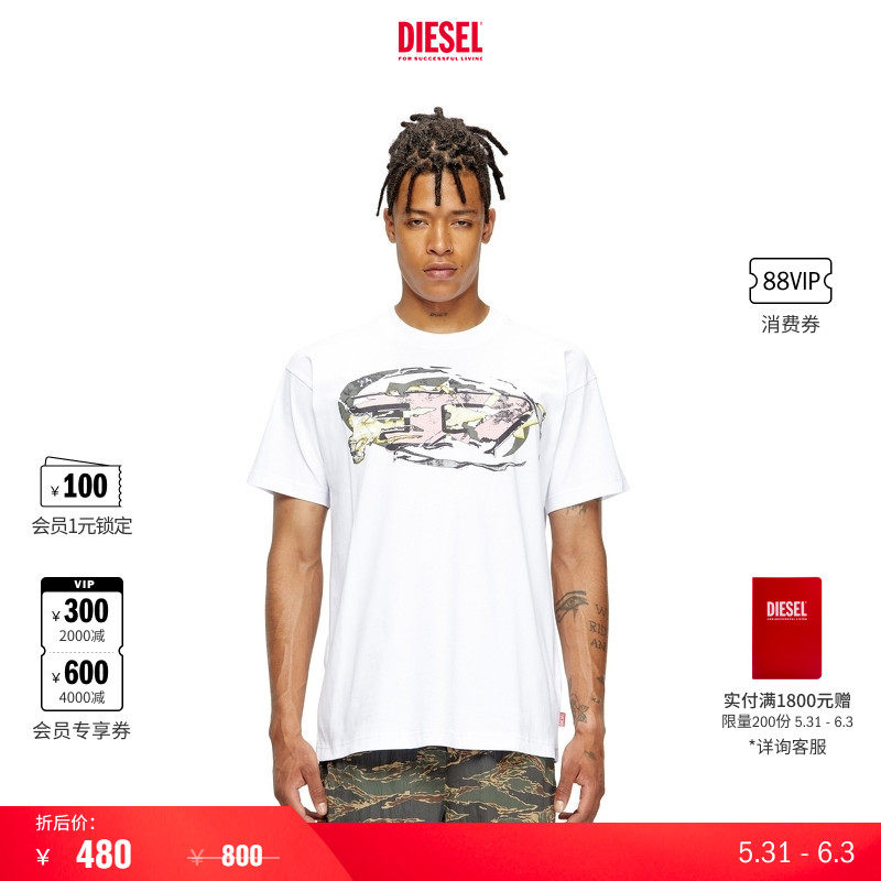 [折扣]DIESEL男士OVAL D黑色白色圆领短袖T恤A195710PLAT