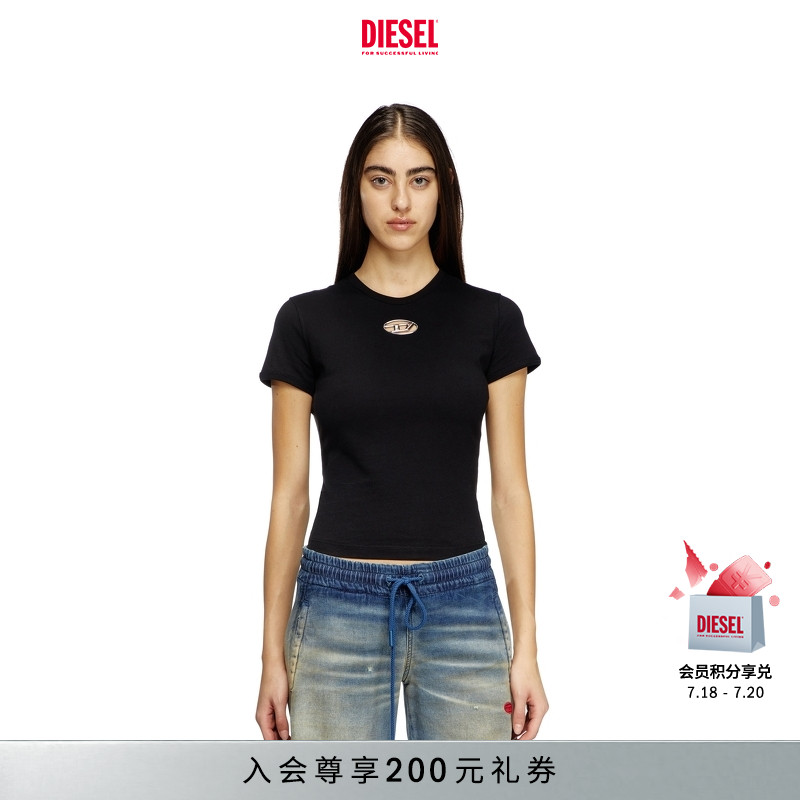 DIESEL女士OVAL D黑色白色修身圆领短袖T恤A168390CLBR