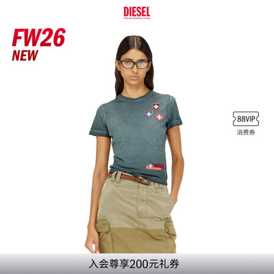 [新款]DIESEL女士26早秋灰色做旧印章短袖T恤A241470PLDK