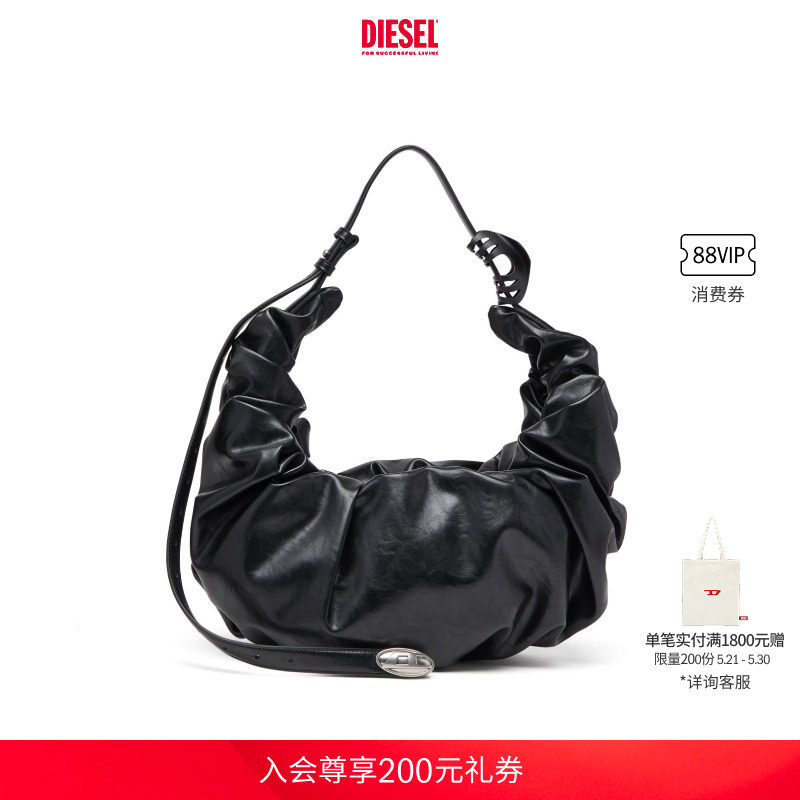 DIESEL女士黑色大号GRAB D单肩包可颂包X10478P8657