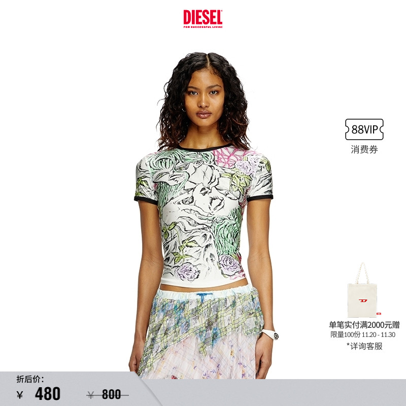 [折扣]DIESEL女士浅春系穿搭修身短袖T恤A166360KNAU