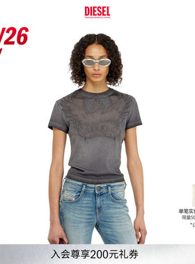 [新款]DIESEL女士26早秋灰色粉色镂空凤凰图案短袖T恤A232340DLBW