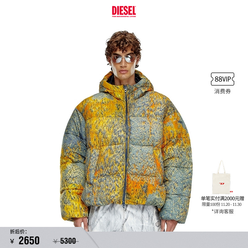[折扣]DIESEL男士个性印花连帽棉服外套A145200NKBJ