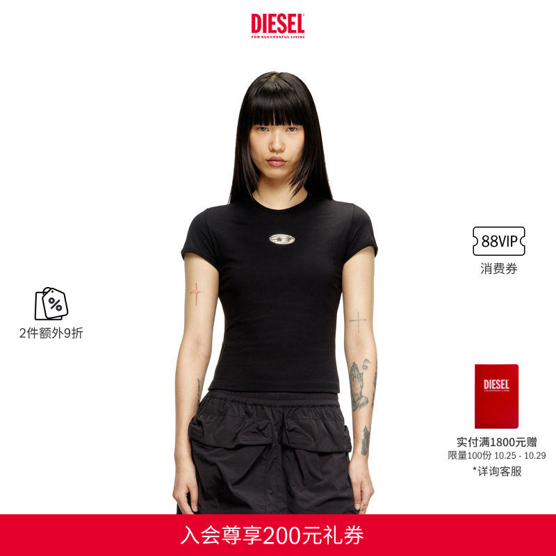 [2件9折]DIESEL女士OVAL D黑色白色圆领短袖T恤A168390CLBR