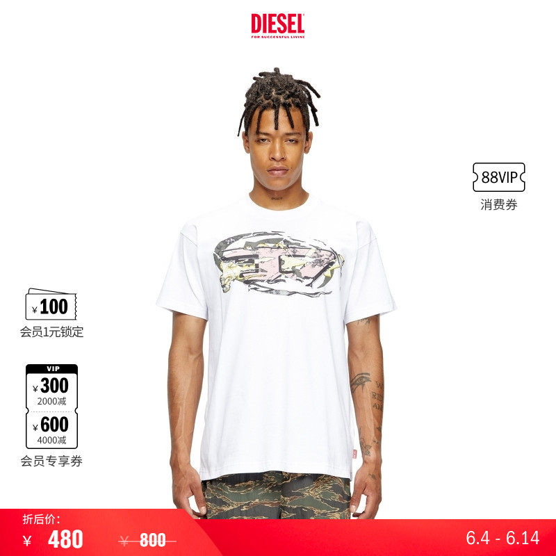 [折扣]DIESEL男士OVAL D黑色白色圆领短袖T恤A195710PLAT