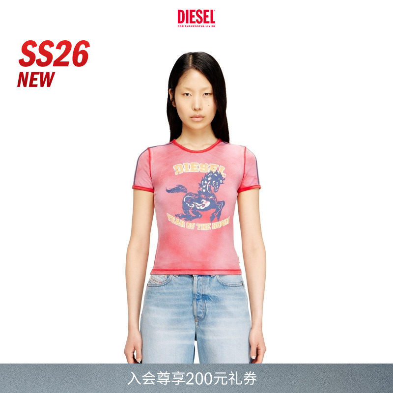 [新款]DIESEL女士26早春红黑双色骏马印花短袖T恤A240880SPFH