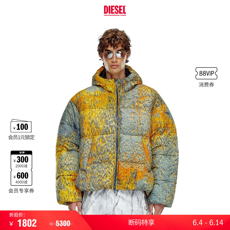 [折扣]DIESEL男士个性印花连帽棉服外套A145200NKBJ