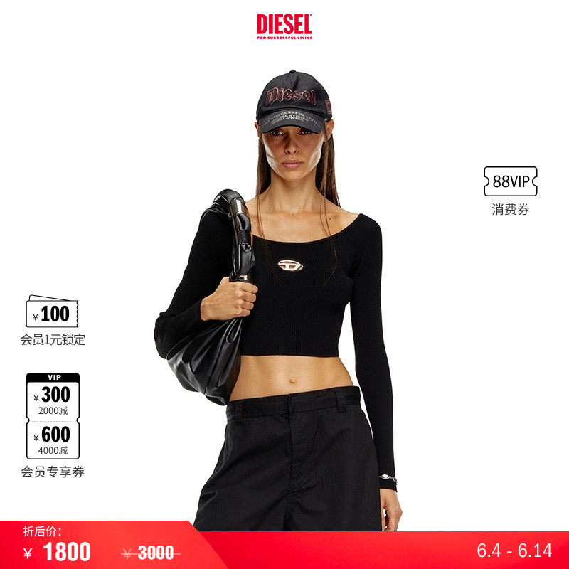 [折扣]DIESEL女士OVAL D黑色短款修身长袖针织衫A141890DLAX