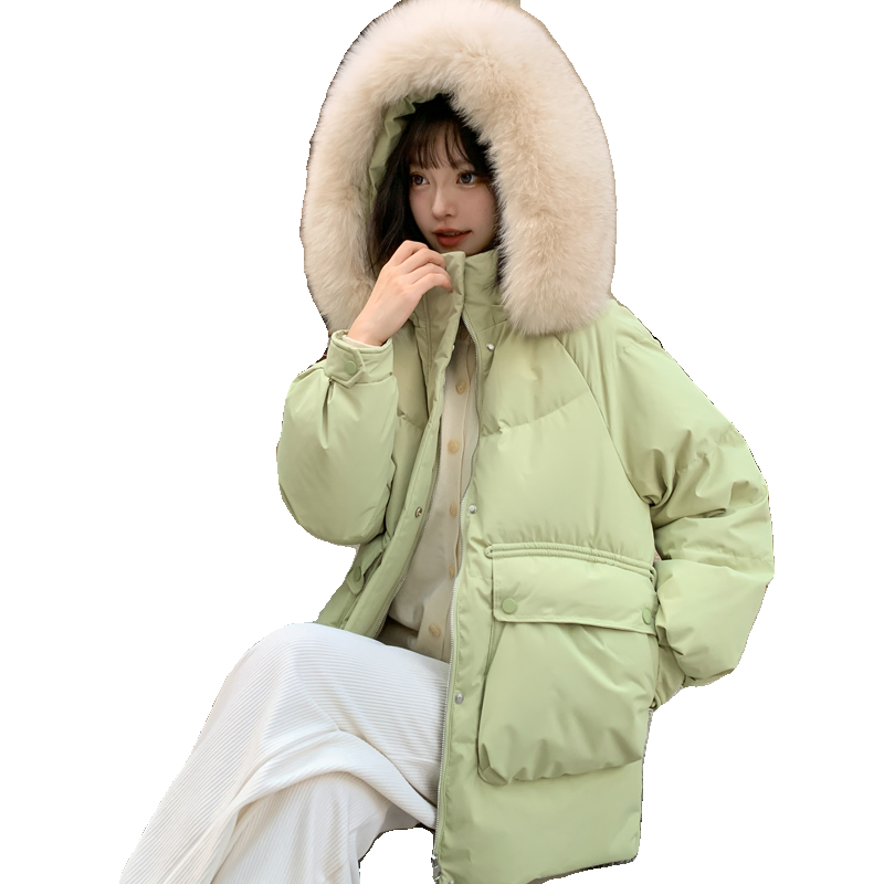 韩版时尚休闲加厚中长款羽绒服女2024年新款冬季小个子大毛领外套