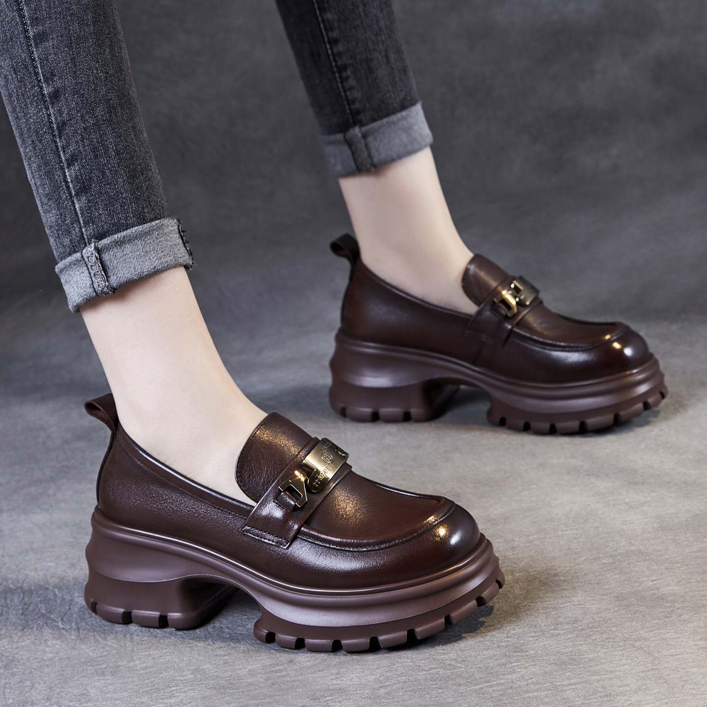 牛皮新款厚底乐福鞋女款真皮小个子2026春季女士休闲松糕皮鞋软底