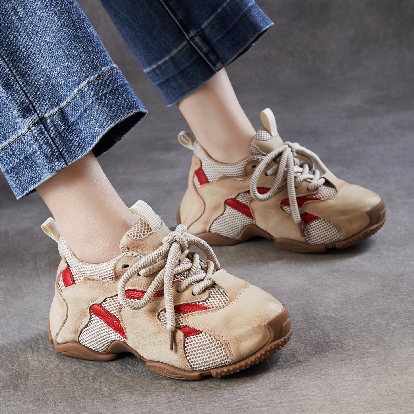 牛皮新款超火厚底红色老爹鞋女款真皮2026春爆款网面女士休闲旅游,女鞋,时尚休闲鞋,淘宝优惠券,粉丝福利购,淘宝优惠卷