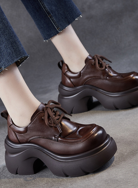 牛皮新款高跟休闲皮鞋女款小个子真皮2025秋季系带厚底乐福鞋软底