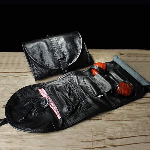 OLDFOX 头层牛皮卷叠型烟斗包 真皮旅行便携双斗随手包 收纳卷包