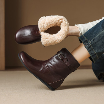 意大利【设计师】复古风头层牛皮短靴女内增高时装靴粗跟真皮短靴