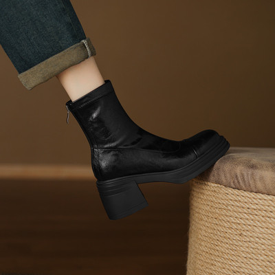 意大利手工定制粗跟高跟短靴女弹力瘦瘦靴秋冬新款厚底马丁靴大码